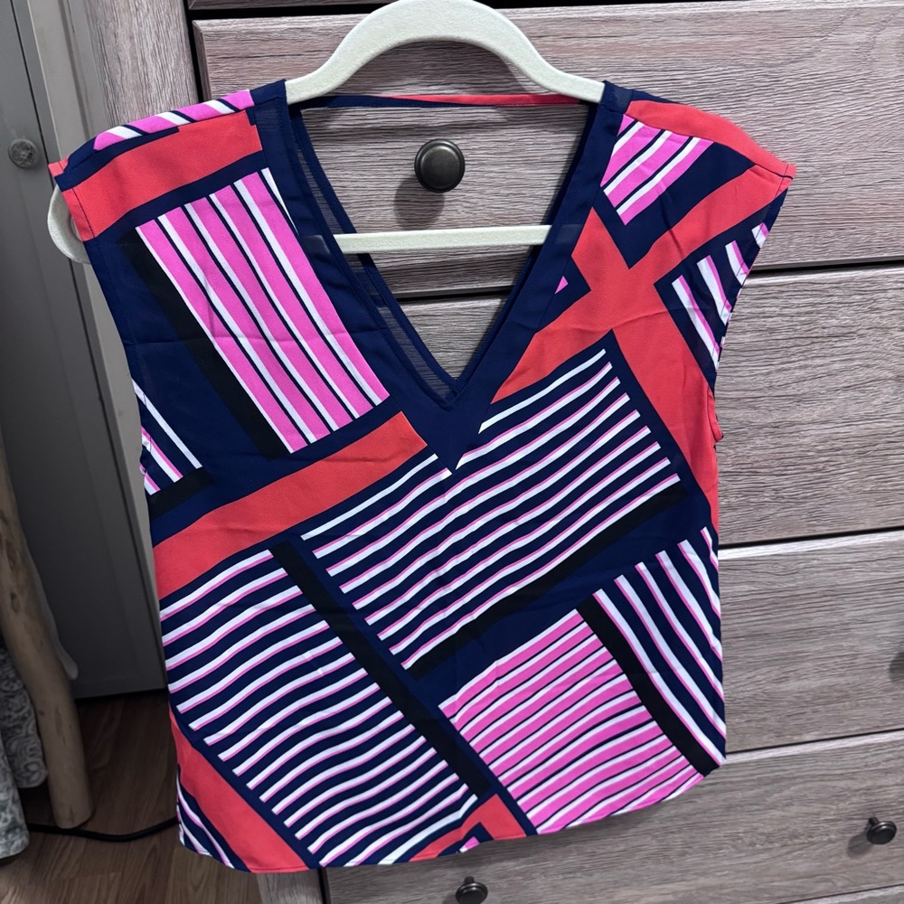Express V-Neck Pink and Navy Geometric Blouse